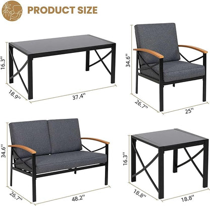 Shintenchi 5 Piece Outdoor Patio Furniture Set, Metal Sofa Conversation Set, including Loveseat, Two Single Chairs and Two Coffee Tables for Backyard, Patio, Balcony, Poolside (Dark Grey)