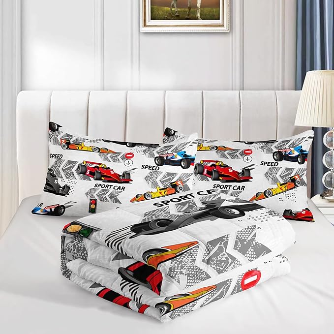 Axolotl Racing Car Comforter Set Twin Size,Extreme Sports Boys Bedding Set for Boys Teens Girls Car Racing Gifts,Race Cars Quilt Bed Set with 1 Comforter 2 Pillowcases,Multi Color