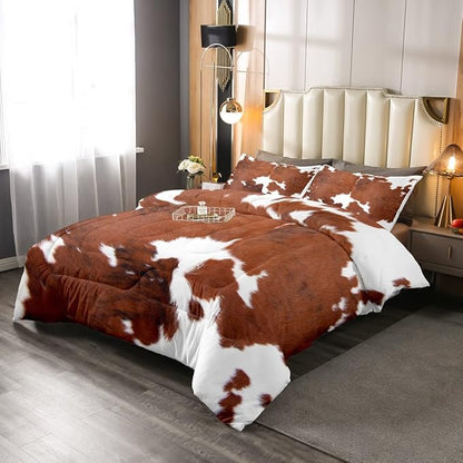 Erosebridal Cow Print Bedding Set King, Brown White Cowhide Comforter Set, Farmhouse Animal Hair Bedding Set for Kids Teens Adult Milk Western Cowboy Rustic Duvet Set Home Room Decor