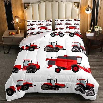 Erosebridal Red Tractor Comforter Set Heavy Equipment Truck Bedding Set for Kids Boys Girls Harvester Tractor Duvet Set King Size Farm Equipment Quilt Set Bedroom Collection 3Pcs Room Decor