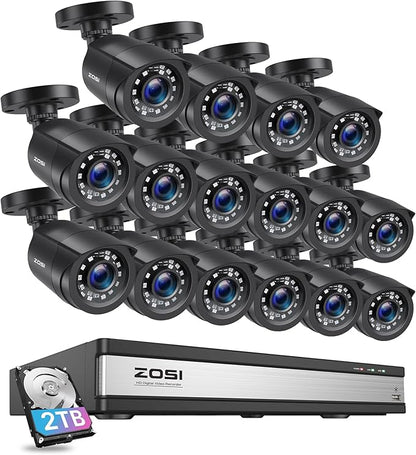 ZOSI 3K Lite 16Channel Security Camera System, AI Human/Vehicle Detection, Night Vision, 16pcs H.265+ 1080P Outdoor Bullet Cameras, 1080P 16CH Surveillance DVR with 2TB HDD for 24/7 Recording