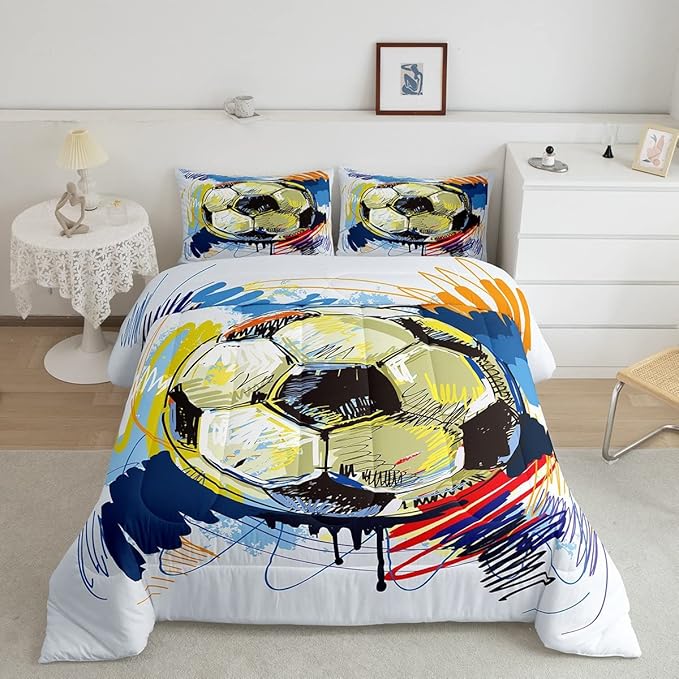 Erosebridal Soccer Bedding Set Queen Size Kids Football Comforter Set Sports Games Bed Comforter Set for Teen Girls Room Decor Colorful Hip Hop Graffiti Quilt Duvet Insert 2 Pillow Cases