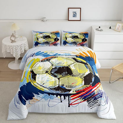 Erosebridal Boys Soccer Comforter Set Full Size Kids Football Bedding Set Sports Games Bedding Comforter Sets for Teen Girls Room Decor Colorful Hip Hop Graffiti Quilt Duvet Insert 2 Pillow Cases