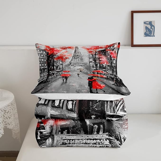 Eiffel Tower Comforter Set Full Size For Girls Women Romantic Paris Street Bedding Sweet Couple Lover Red Flowers Floral Quilted Duvet French Style Down Comforter Chic Paris Cityscape Comforter