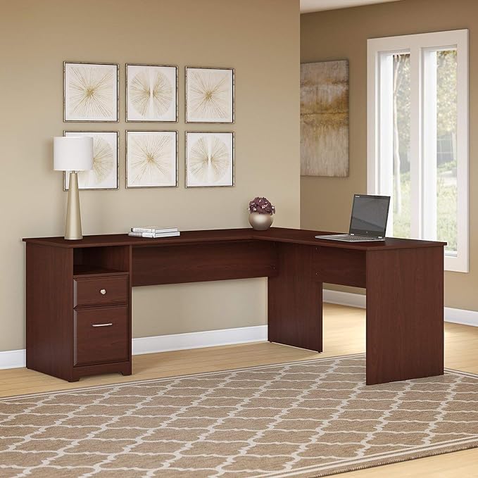 Bush Furniture L Shaped Desk with Drawers for Executive and Home Office | Cabot Collection Corner Table with Storage and Chrome Hardware Return, 72W, Harvest Cherry