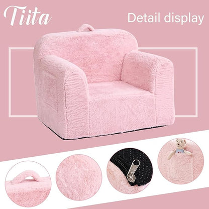 Tiita Toddler Chair Couch, Comfy Fold Out Kids Sofa, Lightweight Children Couch with Carrying Handle & Side Pockets, Kids Foam Armrest Read Sofa for Girl or Boy, Pink
