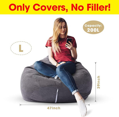2 Pcs Bean Bag Cover Stuffed Animal Storage Bean Bag Chair Cover Soft Corduroy Stuffed Animal Bean Bag Storage for Kids Adults Indoor Bedroom Organizing Plush Toys(Dark Grey, 200L)