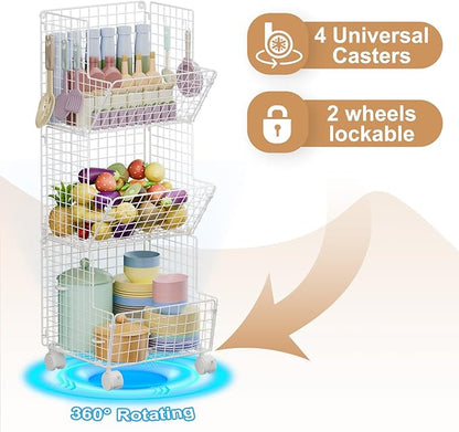 3 Tier Rolling Wire Toy Organizer Basket - with Wheel, S-Hooks, Toy Storage Cart Wall Bookshelf for Kids Room, Playroom, Bedroom (White, Standard)