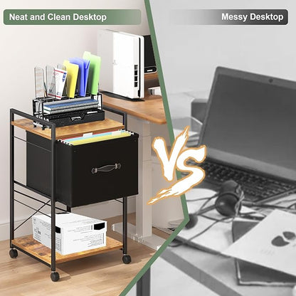 VECELO Vertical Filing Cabinet Set of 2, Rolling Printer Shelf with Handle, Suitable for Letter Size, Sturdy Steel Frame and Folding Fabric Drawer for Living Room/Bedroom/Hallway, Brown+Black