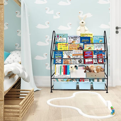 aboxoo Metal Kids Bookshelf Black Large Freestanding for Children Room 32 in Toy Organizer Large Stable Bookcase Bookstore Library Book Unit Storage Kids Bed Living Room