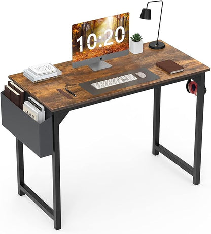 Computer Desk Small Office Desk 40 Inch Writing Desks Small Space Desk Study Table Modern Simple Style Work Table with Storage Bag Headphone Hook Wooden Tabletop Metal Frame for Home, Bedroom