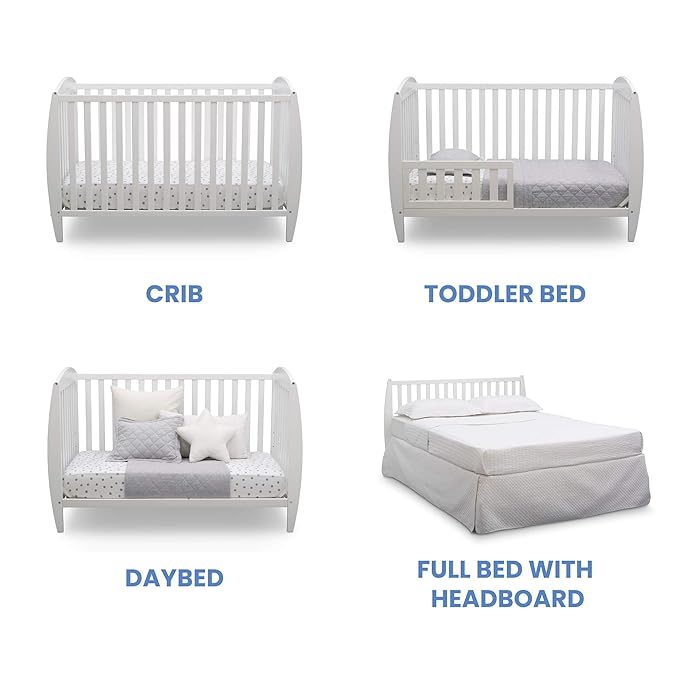 Delta Children Twinkle 4-in-1 Convertible Baby Crib, Sustainable New Zealand Wood, White and Delta Children Twinkle Galaxy Dual Sided Recycled Fiber Core Crib and Toddler Mattress (Bundle)