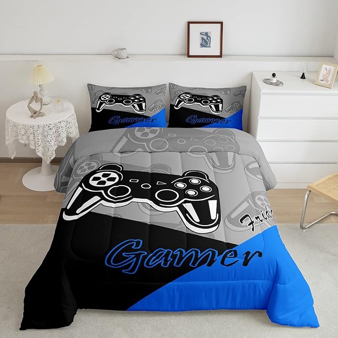 Feelyou Gaming Comforter for Boys Teen Video Game Bedding Set for Kids Gamer Comforter for All Season Gamepad Home Decor for Comforter Set Twin Size,1 Comforter with 1 Pillowcase Blue Black Grey