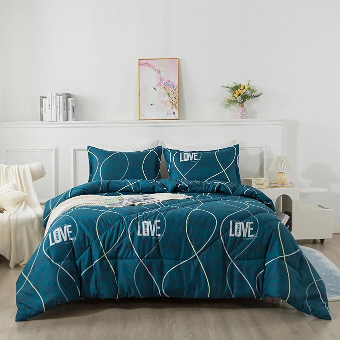 Blue Green Comforter Set Twin Size, 2 Pieces Modern Lines Pattern with Love, Soft Microfiber Bedding Comforter Set, Down Alternative Comforters for All Season (68 * 90’’)