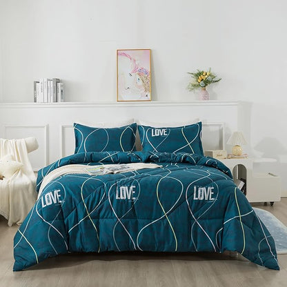 Blue Green Comforter Set Twin Size, 2 Pieces Modern Lines Pattern with Love, Soft Microfiber Bedding Comforter Set, Down Alternative Comforters for All Season (68 * 90’’)