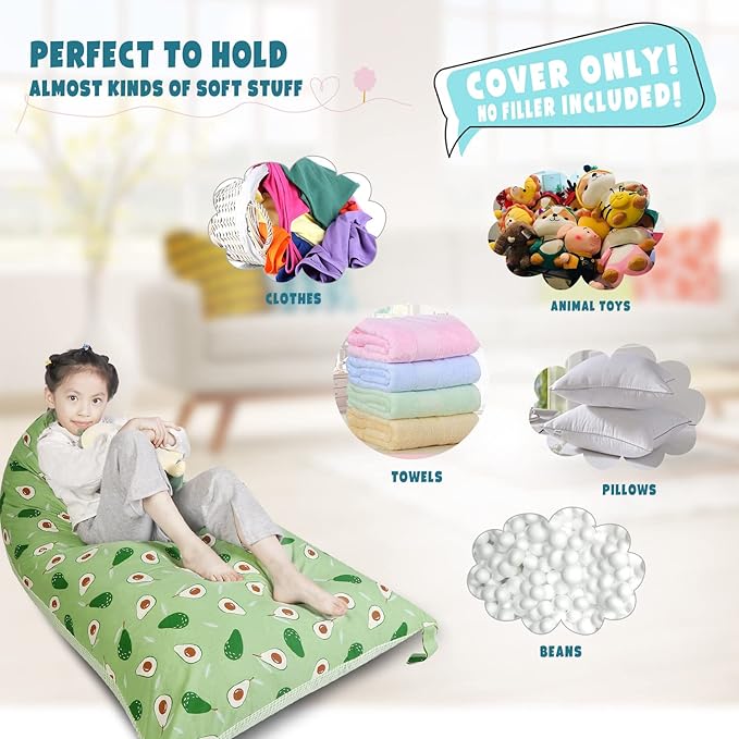 Stuffed Animal Storage Bean Bag Chair Cover, Cotton Green Avocado Plush Toy Storage Stuff and Sit Seat for Kids/Teens/Adults, 52" x 31" Extra Large Triangle Floor Sofa, 200L/52Gal, Cover Only