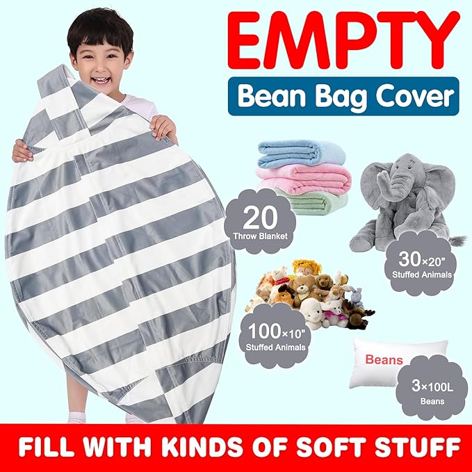 Lukeight Stuffed Animal Storage Bean Bag Chair Cover for Kids, Zipper Beanbag Chair Cover for Organizing Toddler & Kids' Rooms Plush Toys (Gray+white Velvet, XX-Large)