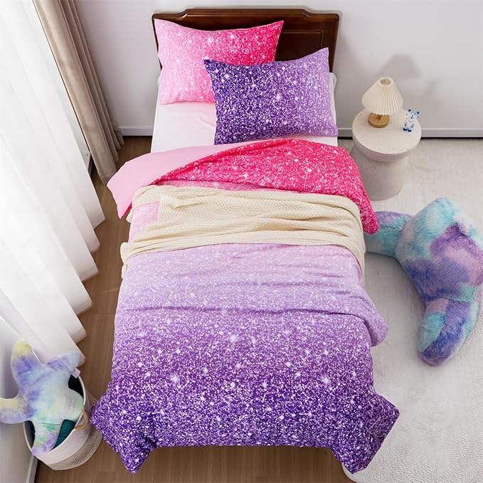 Holawakaka Kids Space Star Glitter Comforter Set Ombre Pink Purple Print Ombre Bedding Set Twin/Twin XL Size Girls Gradient Galaxy Dorm Bed Sets (Pink Purple,Twin)