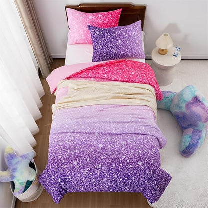 Holawakaka Kids Space Star Glitter Comforter Set Ombre Pink Purple Print Ombre Bedding Set Twin/Twin XL Size Girls Gradient Galaxy Dorm Bed Sets (Pink Purple,Twin)