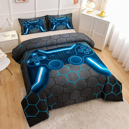 NTBED Game Console Comforter Set for Boys Girls Kids 3D Gaming Geometric Lightweight Microfiber Bedding Sets (blue, Queen)