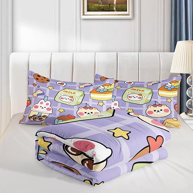 Kawaii Bear Comforter Set for Kids Teens Girls Women,Purple Bear Kids Comforter,1 Comforter with 2 Pillowcase, Microfiber 3 Piece Bedding Set,for All Seasons(Purple，Twin Size)