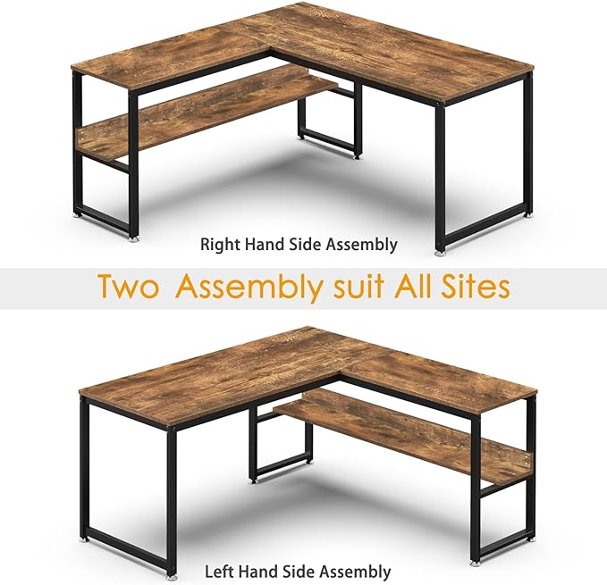 L Shaped Desk, Office Computer Corner Desk, 55 inch Home Gaming Desk Table, Writing Study Workstation with Storage Shelves for Home Office, Space-Saving, Industrial, Rustic Brown