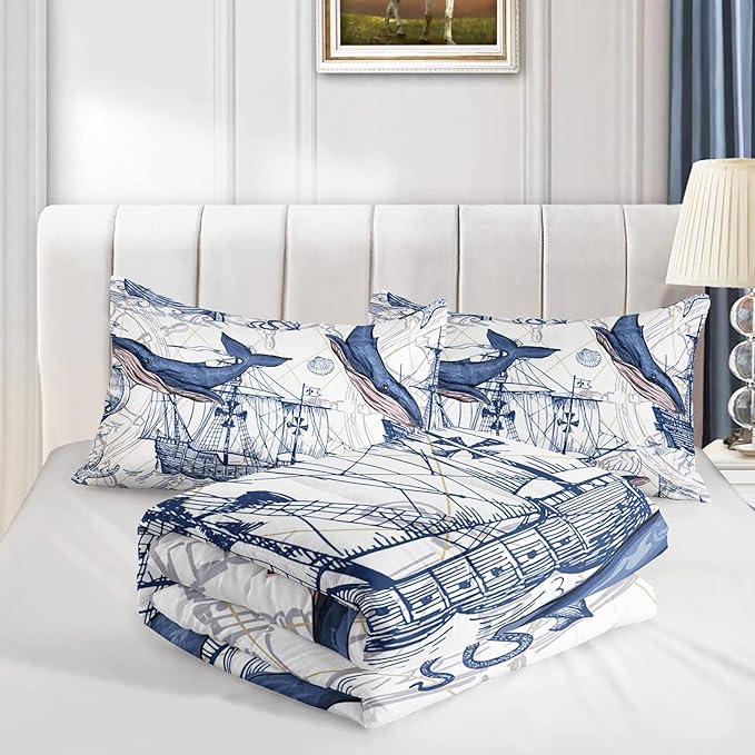 CVHOUSE Whale Comforter Set Queen Size,Ocean Theme Bedding Set for Kids,Whale Nautical Sailing Quilt Set Ocean Duvet Set Ocean Decor 3 Pieces