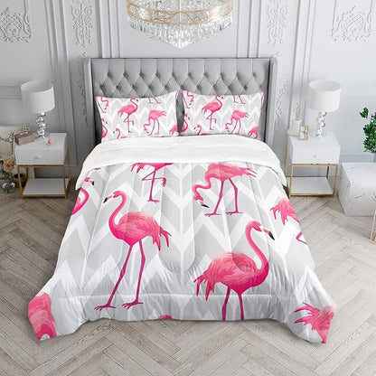Flamingo Comforter Set Twin Size Tropical Flamingo Geometric Stripe Bedding Set Flamingo Quilted Duvet for Kids Girls Boys Adult with 1 Comforter and 2 Pillowcases