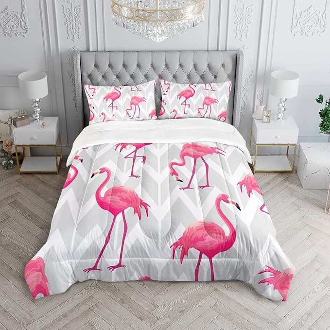 Flamingo Comforter Set Full Size Tropical Flamingo Geometric Stripe Bedding Set Flamingo Quilted Duvet for Kids Girls Boys Adult with 1 Comforter and 2 Pillowcases