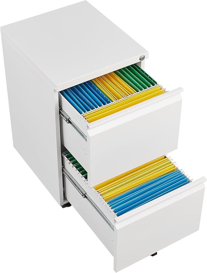 2 Drawer Mobile Lock and Casters,Pre-Assembled Metal Office Storage Filing Cabinets w/Anti-Dumping Fifth Round,for Letter/Legal/A4 Size,White