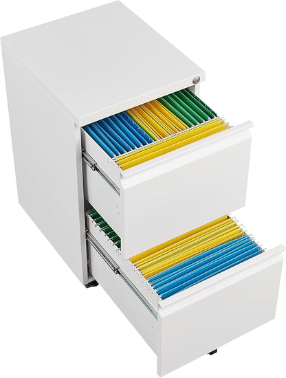 2 Drawer Mobile Lock and Casters,Pre-Assembled Metal Office Storage Filing Cabinets w/Anti-Dumping Fifth Round,for Letter/Legal/A4 Size,White