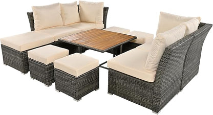9-Pieces Outdoor Rattan Sectional Sofa Set, Wicker Patio Conversation Furniture with L-shape Couch&Storage Ottomans, Acacia Wood Coffee Table, for Garden Yard, Gray Wicker&Beige Cushion