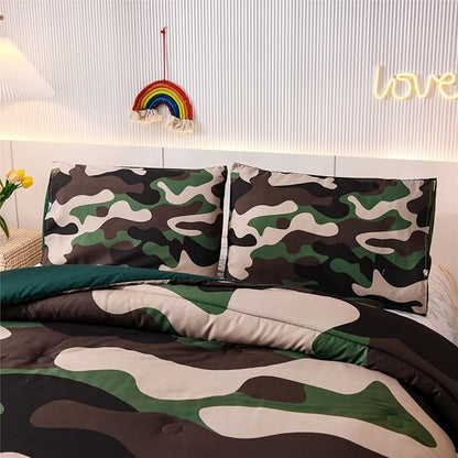 Meeting Story Camouflage Bedding Set, Green Camouflage Comforter Set, 3 PCS One Comforter and Two Pillowases, All Season Soft Bedspread for Teens Adults (Green, Full)