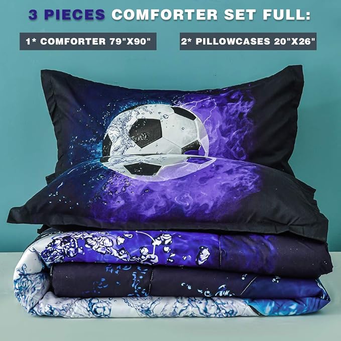 Andency 3D Soccer Comforter Full(79x90 Inch), 3 Pieces(1 Soccer Comforter, 2 Pillowcases) Sport Microfiber Soccer Comforter Set Bedding Set for Boy Kids Teens