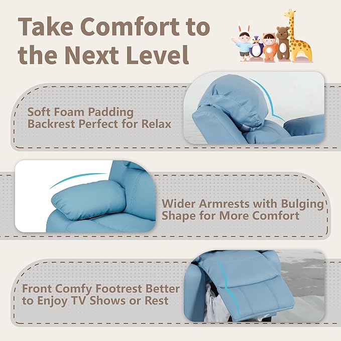 JC Home MACARON Kids Chair Leather Recliner Sofa Toddler Youth Children Child Ages 3-7, Small, Babyblue