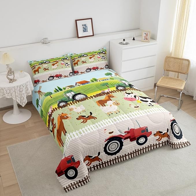 Tractor Bedding Sets for Boys Full Size Toddler Kids Cute Cartoon Farm Animals Comforter Set Girls Children Farmhouse Country Down Comforter for All Season Colorful Room Decor Nature Theme Duvet Set