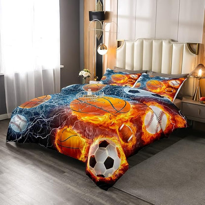 Erosebridal Sports Bedding Set for Boys Queen,Baseball Basketball Comforter Set Soccer Football Bedding Comforter Sets for Kids Teens Men,Red Blue Ice Fire Lightning Decor Quilt Duvet Set 3 Pcs