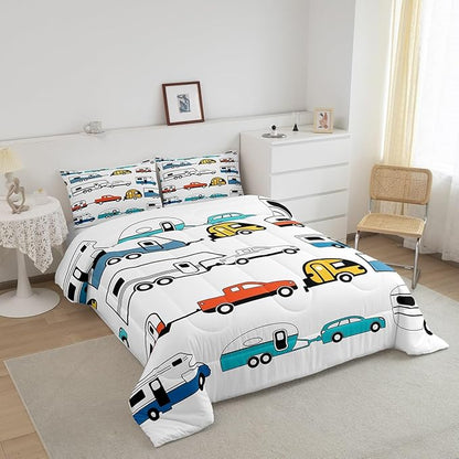 Camping Decor Comforter Set Full Size Kids Camper Trailer Bedding Set Cartoon Camper Decor Duvet Insert Colorful Rustic Farmhouse Sketch Drawing Quilt Set Camper Campsite Comforter Bedroom Decor
