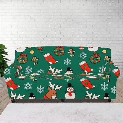 FKELYI Christmas Decorations Green Sofa Slipcover Santa Claus Stretch Sofa Couch Cover for Indoor Washable Furniture Protector with Elastic Bottom L