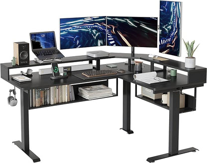 FEZIBO 63Inch L Shaped Standing Desk with Shelves, Large Storage Adjustable Desk with Triple Motors,Corner Desk Double Shelves with Light Strip, Black