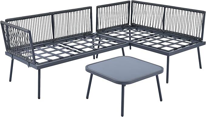 3-Piece Outdoor Patio Furniture PE Rattan Sofa Set, All Weather L-Shaped Sectional Couch with Removable Cushions and Glass Table, for Backyard Poolside Garden, Metal Frame, Onesize, Gray