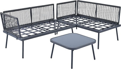 3-Piece Outdoor Furniture Set Rattan Sectional Sofa with Glass Table and Removable Cushions, All Weather PE Patio L-Shaped Couch Metal Frame, for Backyard, Poolside, Garden, Onesize, Gray