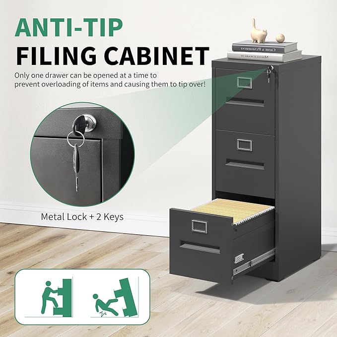 3 Drawer File Cabinet,Metal Filing Cabinets with Lock,Black Vertical File Cabinet for Home Office,Heavy Duty Metal Storage Cabinet for A4/Letter/Legal Size File,Assembly Required