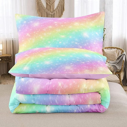 NINENINE Rainbow Bedding 5PCS Queen Comforter Set Pink Bedding Sets Teen Girl Comforter Glitter Bedding Set(1Comforter, 1Flat Sheet, 1Fitted Sheet, 2Pillowcases)…