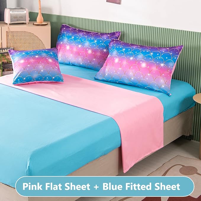 PERFEMET Pink Mermaid Comforter Set Full Size 6 Pieces Bed in A Bag Colorful Rainbow Bedding Set for Teens Girls 3D Sparkly Glitter Ombre Bed Set with Comforter and Sheets (Pink Mermaid, Full)