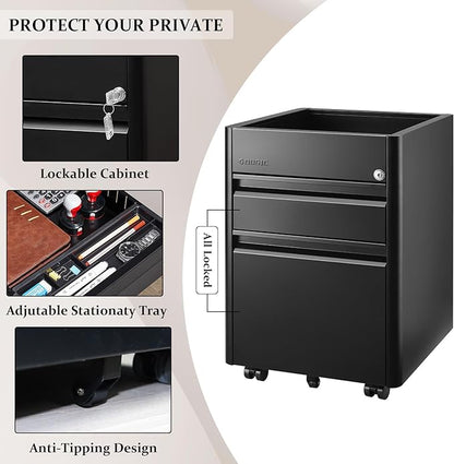 2 Drawer Mobile File Cabinet Top Storage Shelf, Rolling Metal Filing Cabinet for Legal & Letter File Anti-tilt Design with Lock Under Desk Office Drawers Fully Assembled Except Casters(Top ST B)