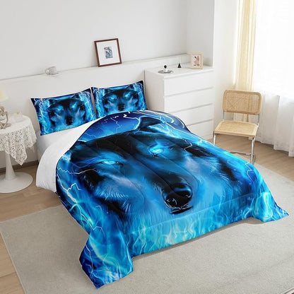 Feelyou Wolf Bedding Set Safari Animal Pattern Comforter Cool Wildlife Style Comforter Set for Boys Girls Kids Room Decor Glitter Blue Wild Wolf Lightweight Duvet Set Queen Size with 2 Pillow Case