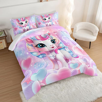 HOSIMA Unicorn Bedding Sets for Girls Teens,Cartoon Kawaii Unicorn Comforter Bubble and Love Heart Bedding Set,Fantasy Unicorn Bedroom Decor for Girls Pink Purple Full Size Bed in a Bag Set.