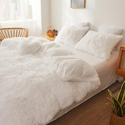 FOPPA Luxury Faux Fur Comforter Cover Set Ultra Soft Plush Bedding Sets 3 Pieces (1 Faux Fur Duvet Cover + 2 Faux Fur Pillow case) Zipper (White, Queen)