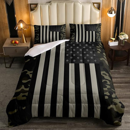 American Flag Comforter Set Twin Military Camo Down Comforter,Retro Army Green Camouflage USA Flag Bedding Set For Kids Boys Teens Men Bedroom,Black Grey Stars Stripes Quilt Duvet Set 1 Pillow Case